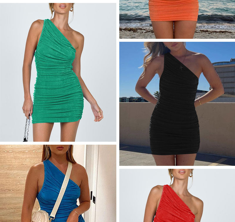 Elegant One Shoulder Party Dresses For Women Sleeveless Ruched Bodycon Dress Sexy Mini Summer Dress - MERGE.DAY.1.FREESTYLE