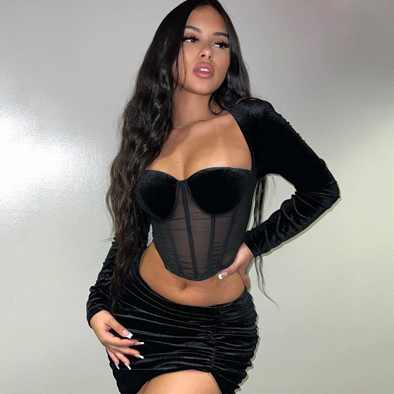 Velvet Mesh Long Sleeve Corset Out Crop Top Ruched Mini Dress 2 Pcs Set Bodycon - MERGE.DAY.1.FREESTYLE