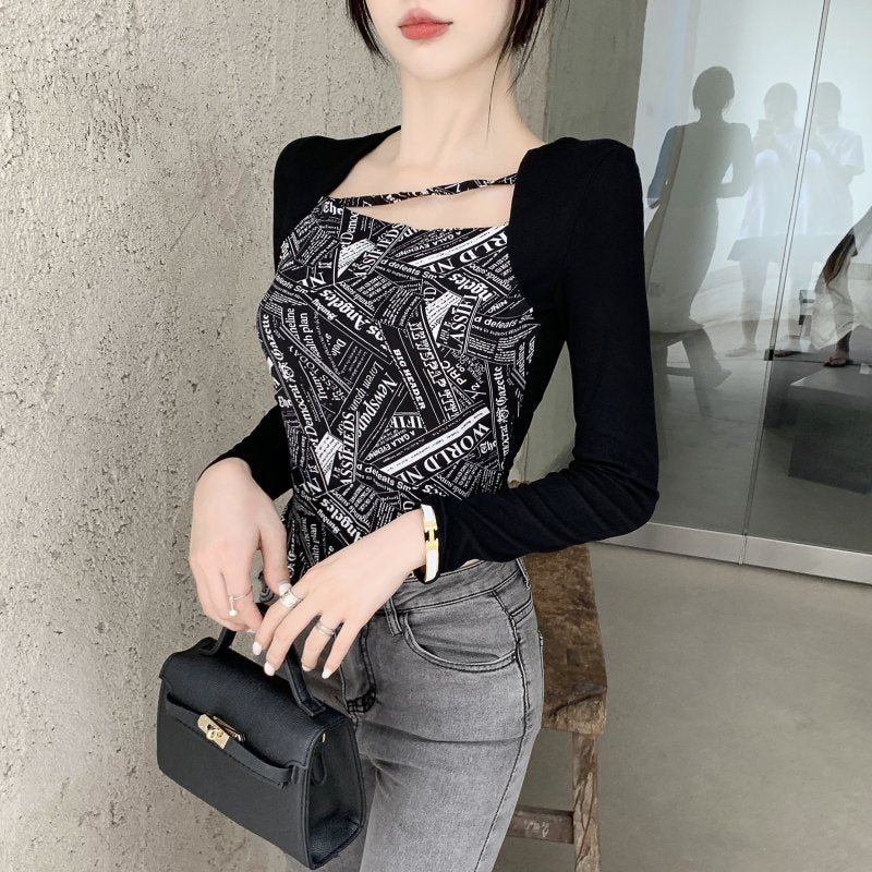 Letter Printed T-shirt Women Fake Two-piece Sexy Slim Long Sleeved Tops Female Cropped Tops - MERGE.DAY.1.FREESTYLE