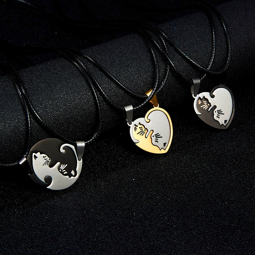 Black White Cat Stitching Necklace Friendship Heart Shape Gold White Cat Cute Couple Jewelry - MERGE.DAY.1.FREESTYLE