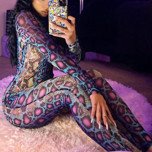 Sexy Women Jumpsuit Serpentine Print O-neck Long Sleeve Jumpsuit Backless Bodycon Jumpsuit - MERGE.DAY.1.FREESTYLE