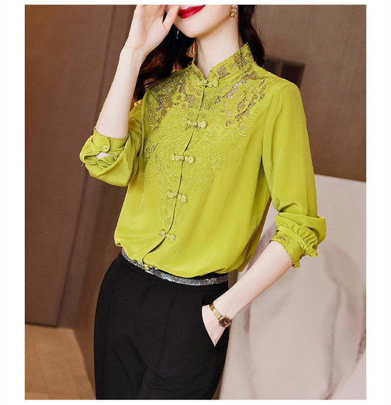 Embroidery Hollow Blouse Women Long Sleeve Imitation Silk Top Loose Vintage Shirt Plus Size - MERGE.DAY.1.FREESTYLE