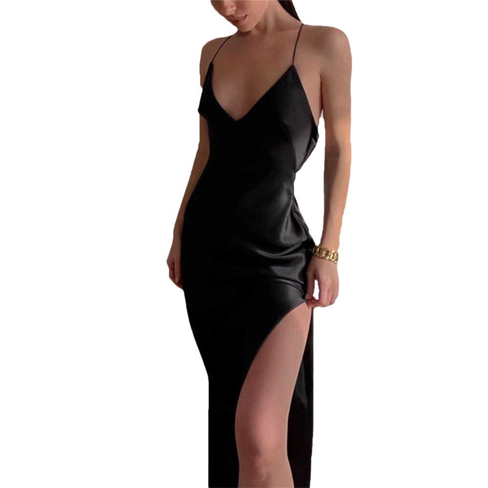 Spring Summer Women Satin Silky Spaghetti Strap Split Long Dress Elegant Sleeveless Backless Sexy Vestito - MERGE.DAY.1.FREESTYLE