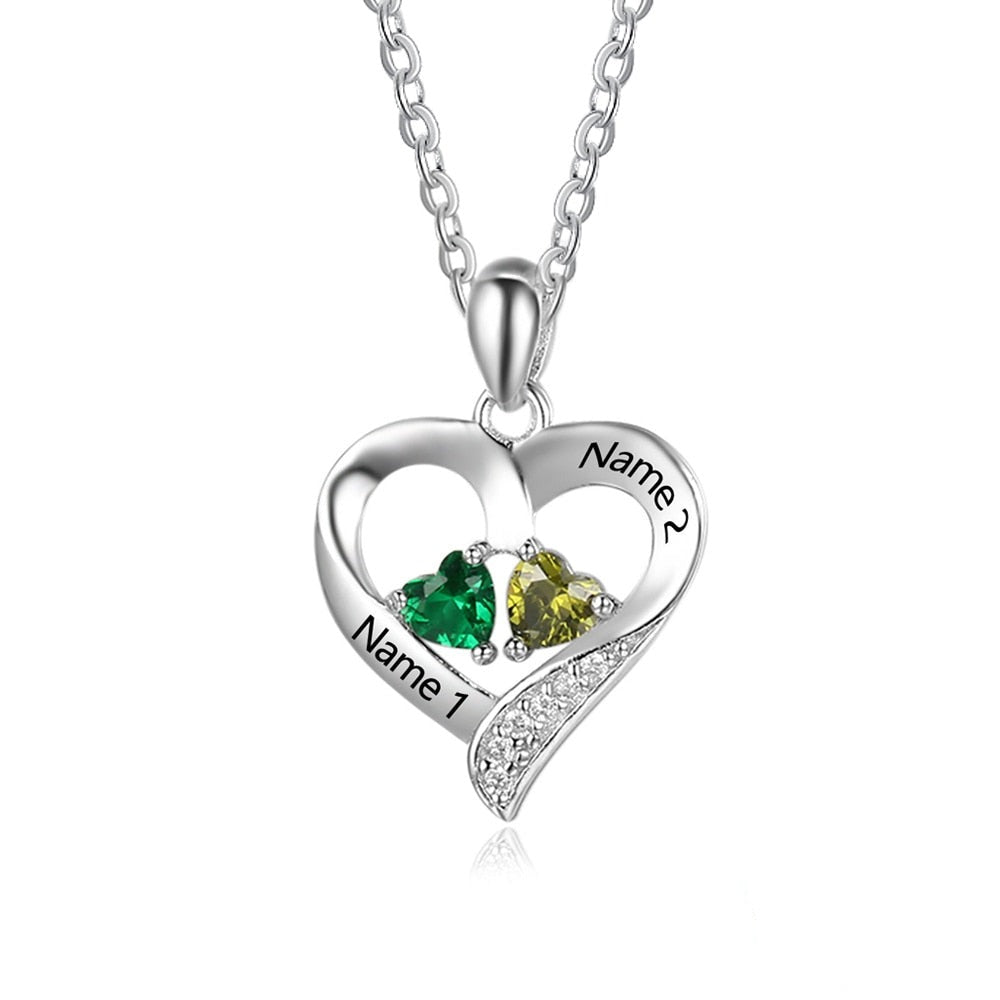 925 Sterling Silver Name Necklace with 2 Birthstones Custom Engraved Heart Pendant - MERGE.DAY.1.FREESTYLE