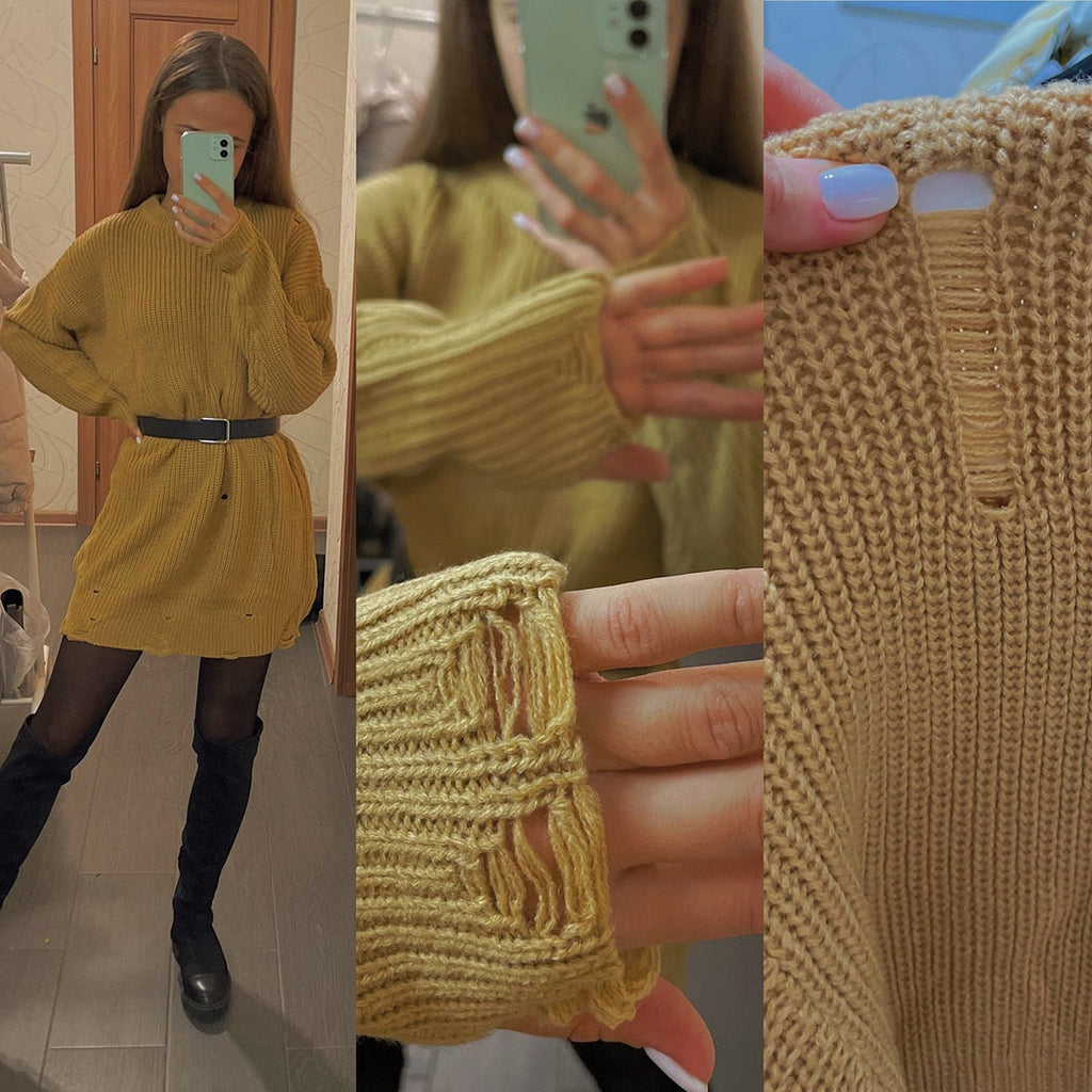 O Neck Oversized Mini Knitted Women Sweater Loose Dresses Autumn Winter Long Sleeve - MERGE.DAY.1.FREESTYLE
