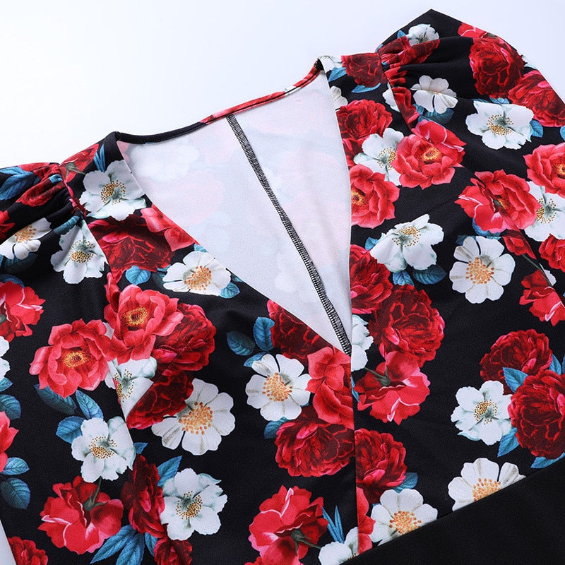 Spring Elegant Boho Print Bodysuits Rompers Women Jumpsuits Puff Sleeve Skinny Sexy V-neck - MERGE.DAY.1.FREESTYLE