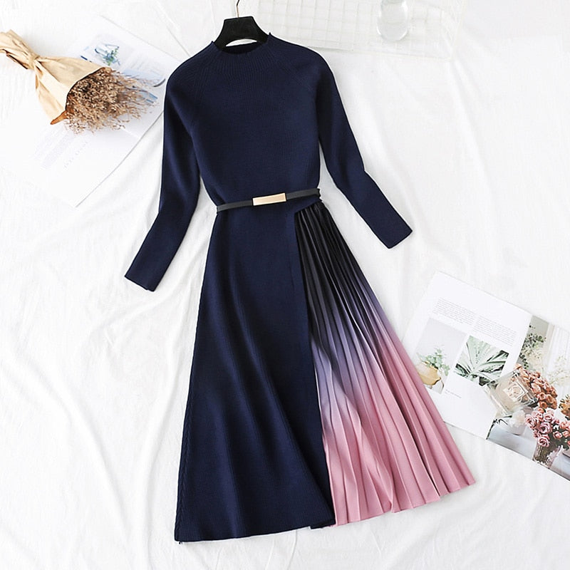 Knitted Patchwork Gradient Print Pleated Dress Long Sleeve Office One-Piece Sweater Dress With Belt - MERGE.DAY.1.FREESTYLE