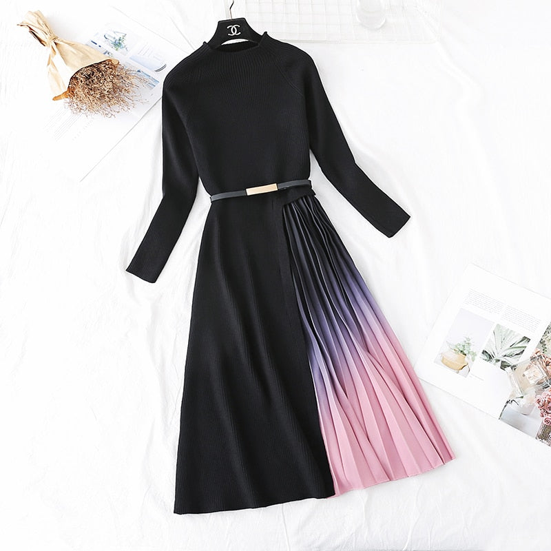 Knitted Patchwork Gradient Print Pleated Dress Long Sleeve Office One-Piece Sweater Dress With Belt - MERGE.DAY.1.FREESTYLE