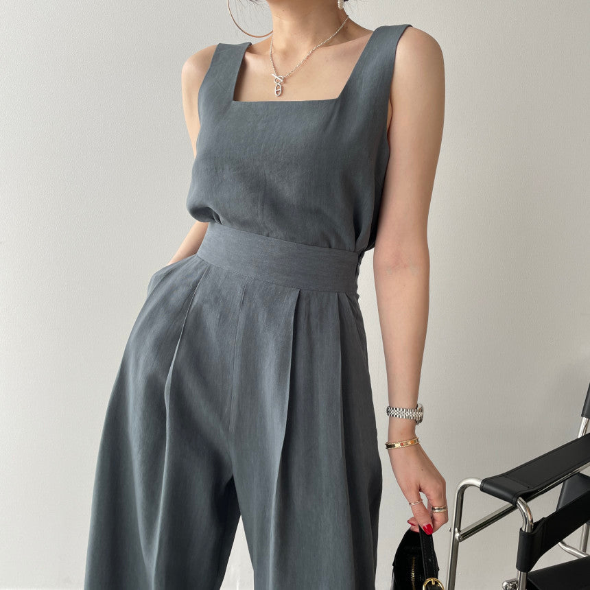 Office Ladies 2-Piece Women Square Neck Loose Vest Top + High Waist Pleated Wide Leg Pants - MERGE.DAY.1.FREESTYLE
