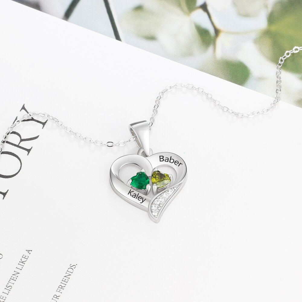 925 Sterling Silver Name Necklace with 2 Birthstones Custom Engraved Heart Pendant - MERGE.DAY.1.FREESTYLE