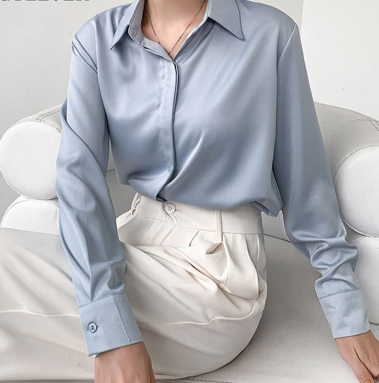 Spring Loose Women Satin Blouses Long Sleeve Single-breasted Female Shirts Top - MERGE.DAY.1.FREESTYLE