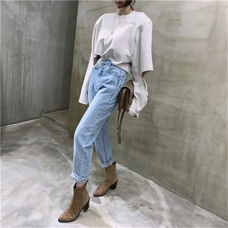 Women Streetwear Loose Female Denim Jeans Buttons Zipper Ladies trouser - MERGE.DAY.1.FREESTYLE