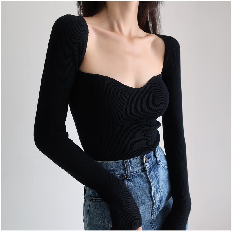 French Vintage Square Neck Knitted Tops Women Skinny Long Sleeve Pullover T-shirts Female - MERGE.DAY.1.FREESTYLE
