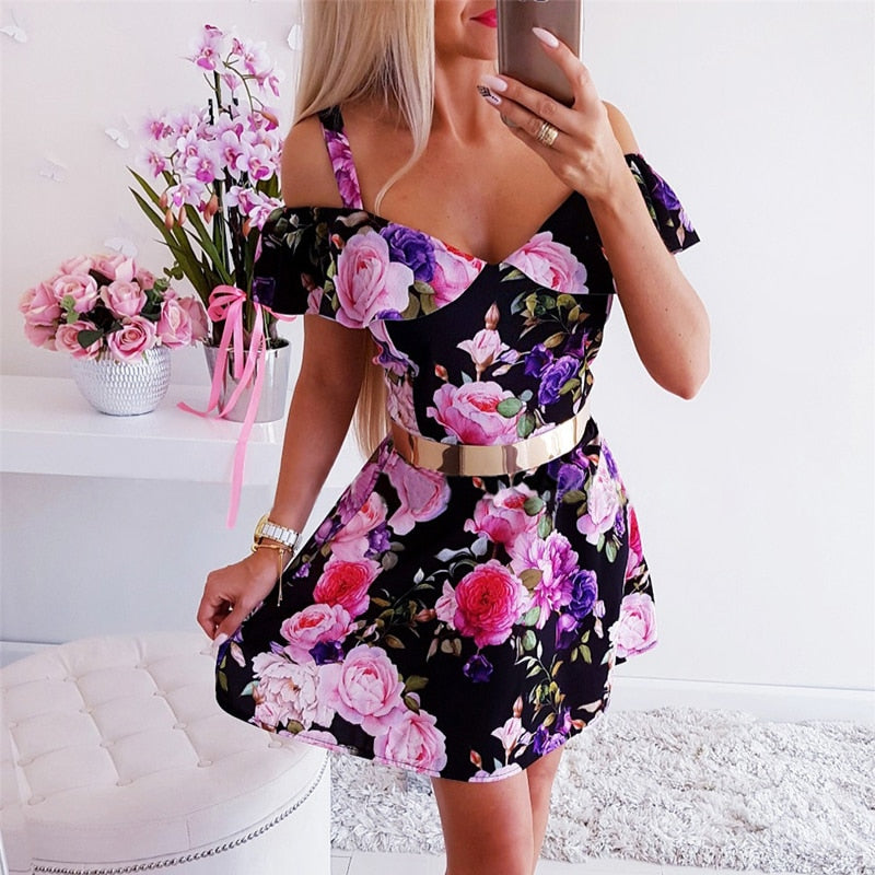 Streetwear Rullfes Decor Sling Strapless Short Sleeve Flower Print Mini Summer Dress - MERGE.DAY.1.FREESTYLE