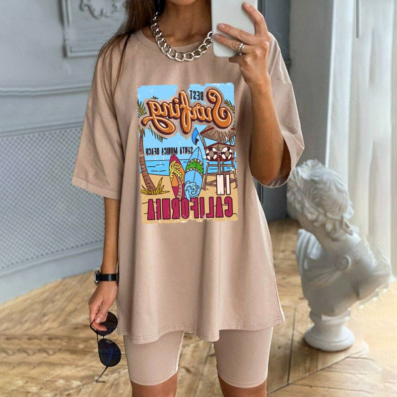 1pcs WHITE Tees Summer Casual Oversized Tee Best Surfing Santa Monica California Womens Retro Style - MERGE.DAY.1.FREESTYLE