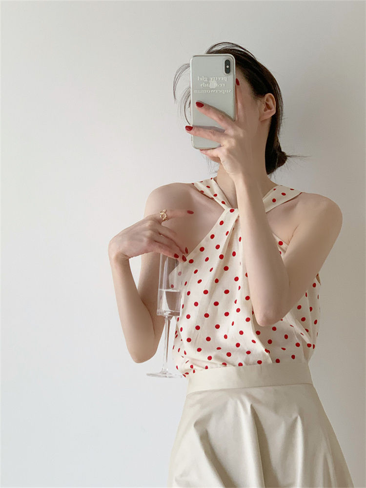 Backless Camis Women Summer Polka Dot Twist Halterneck Vest Female Casual Chiffon Tops - MERGE.DAY.1.FREESTYLE