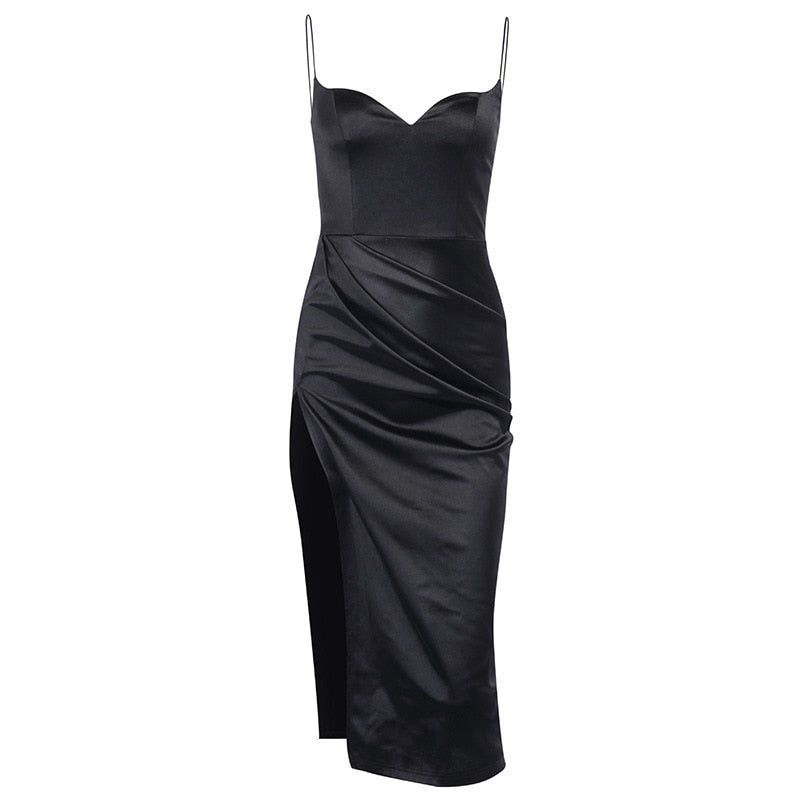 Satin Spaghetti Straps Low Cut Long Dress Women Summer Ruched Side High Split Maxi Dress - MERGE.DAY.1.FREESTYLE