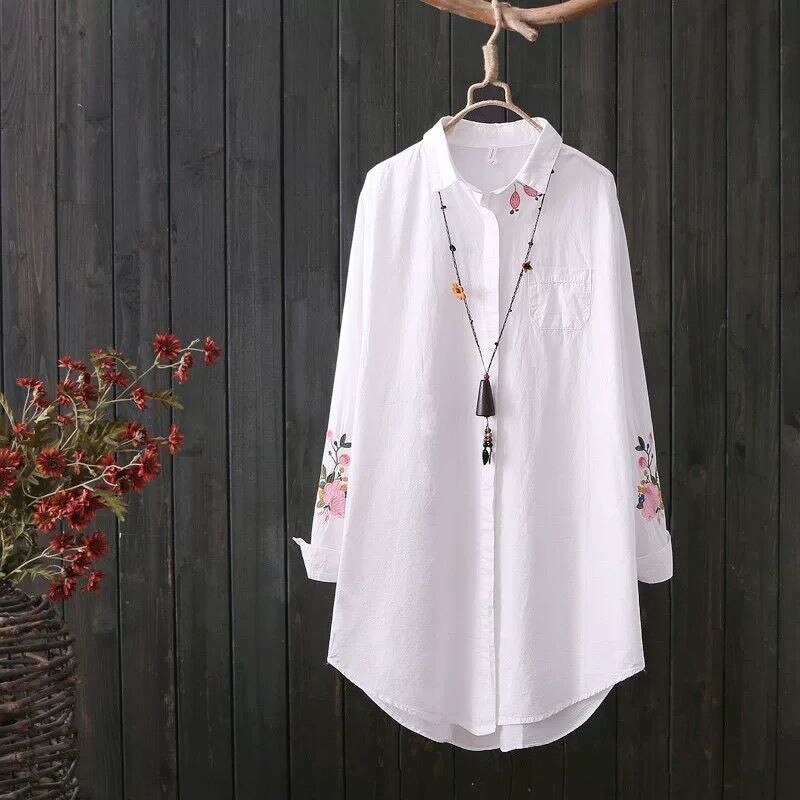 White Shirt Casual Wear Button Up Turn Down Collar Long Sleeve Cotton Blouse Embroidery - MERGE.DAY.1.FREESTYLE