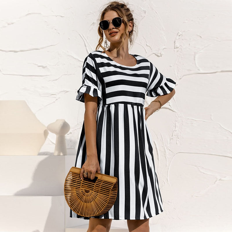 Spring Summer Dress Cute Loose Striped Print Ruffles Sleeves Dresses Elegant A Line Patchwork Beach Dress Vestidos - MERGE.DAY.1.FREESTYLE