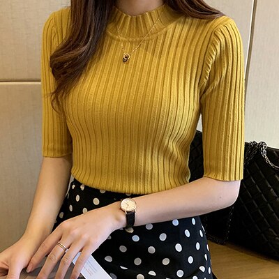 Knitted T Shirt Women Short Sleeve Basic Woman T-shirt Femme Elasticity Poleras - MERGE.DAY.1.FREESTYLE