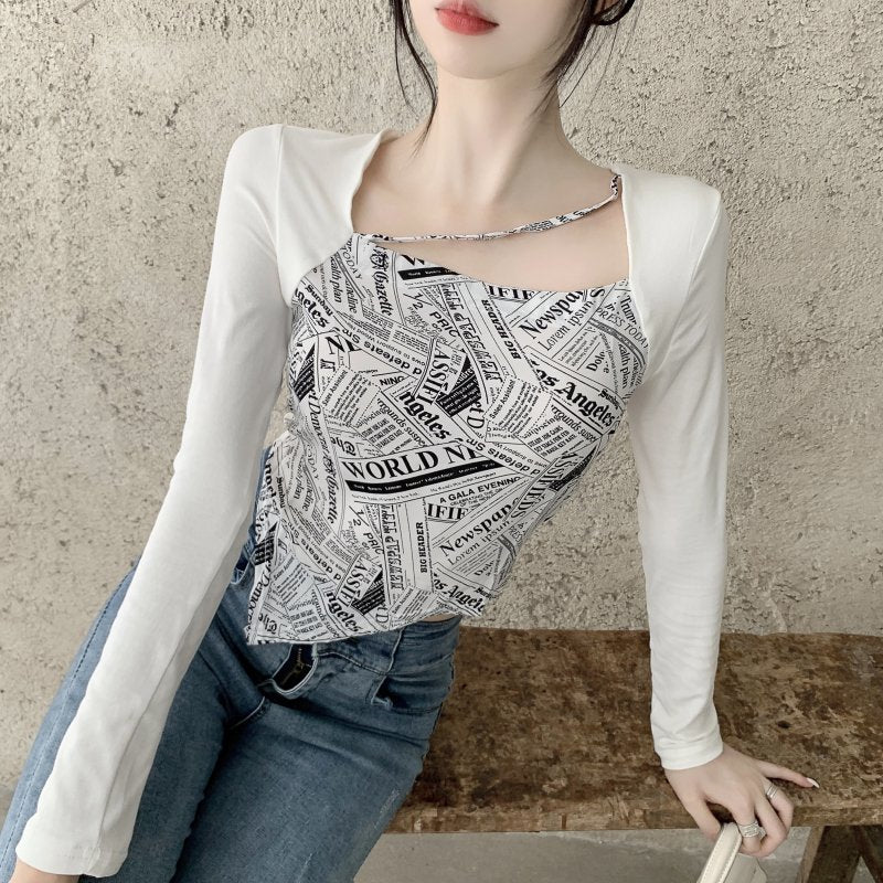 Letter Printed T-shirt Women Fake Two-piece Sexy Slim Long Sleeved Tops Female Cropped Tops - MERGE.DAY.1.FREESTYLE