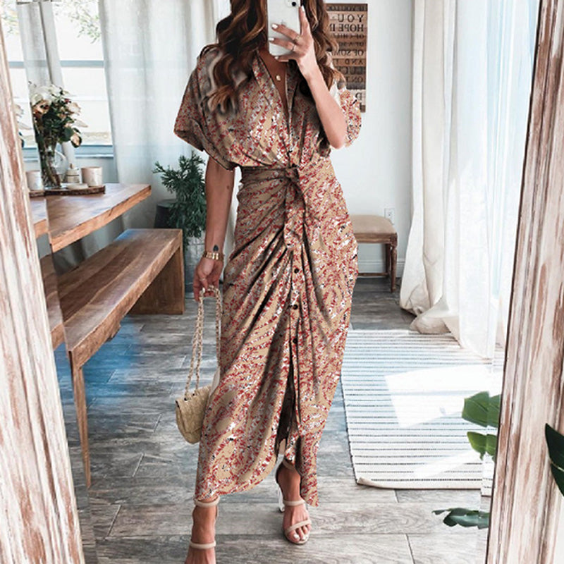Vestido largo elegante de verano para mujer, de manga corta, con abertura, cuello tipo polo, botones y drapeado para fiesta