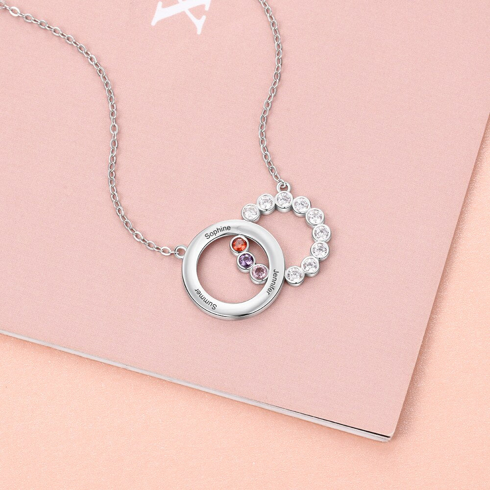 Personalized Name Interlocking Circle Pendants Custom 3 Birthstones Necklaces - MERGE.DAY.1.FREESTYLE