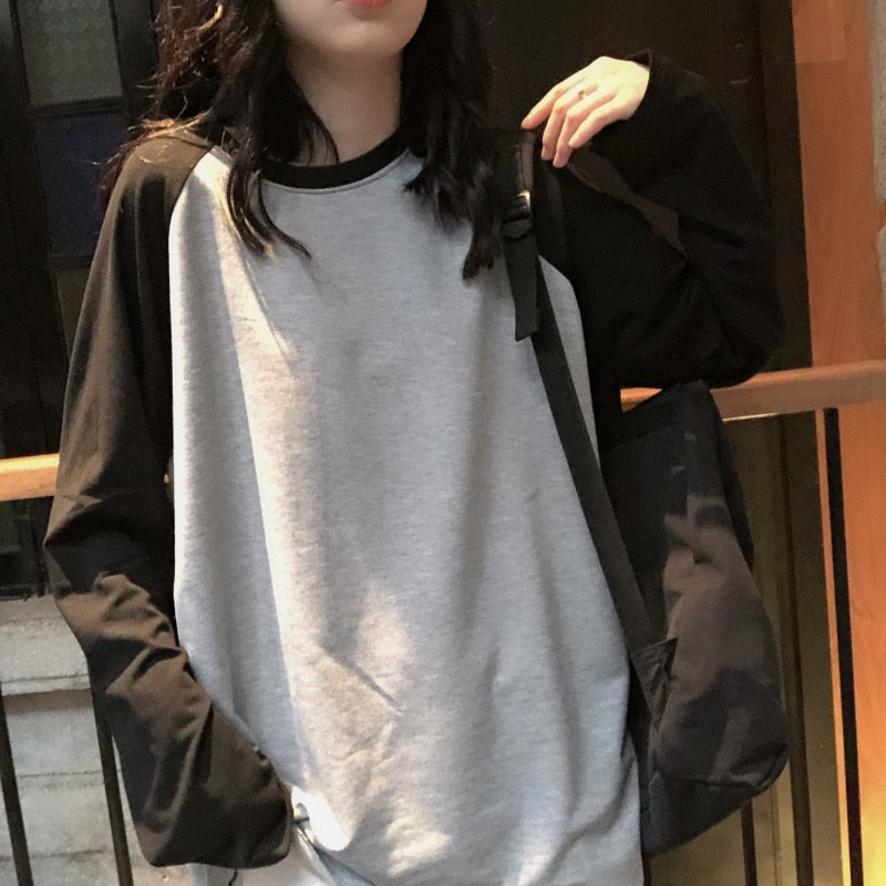Female T-shirt Round collar Contrast Color Long Sleeve T Shirt Women spring T-Shirts - MERGE.DAY.1.FREESTYLE