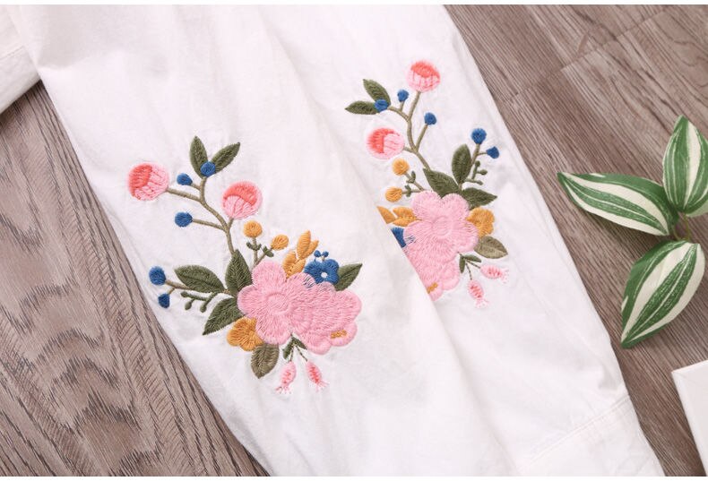 White Shirt Casual Wear Button Up Turn Down Collar Long Sleeve Cotton Blouse Embroidery - MERGE.DAY.1.FREESTYLE