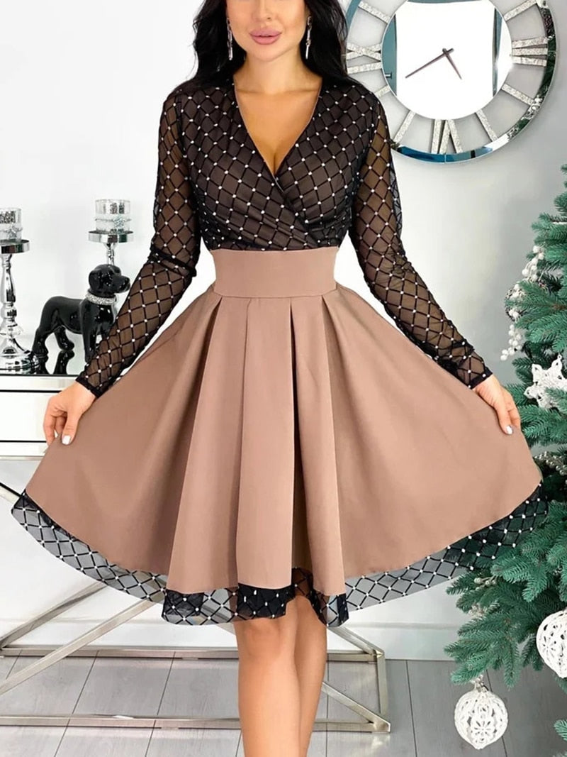 Shiny Sequin Diamond Mesh Stitching Dress Women Spring Autumn Sheer Long Sleeve Belted Slim A Line Dresses - MERGE.DAY.1.FREESTYLE