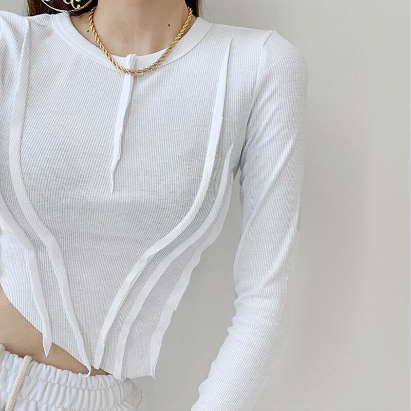 Skinny Crop Tops Women Irregular Oblique Edge T-shirts Female Crewneck Long Sleeve - MERGE.DAY.1.FREESTYLE