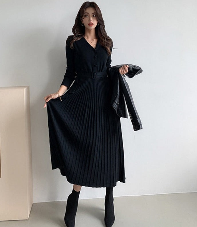 Single-breasted Women Sweater Dress Knitted Belted Female A-line soft dresses - MERGE.DAY.1.FREESTYLE