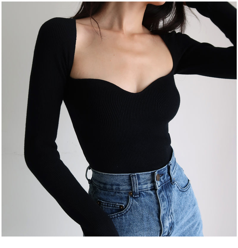 French Vintage Square Neck Knitted Tops Women Skinny Long Sleeve Pullover T-shirts Female - MERGE.DAY.1.FREESTYLE