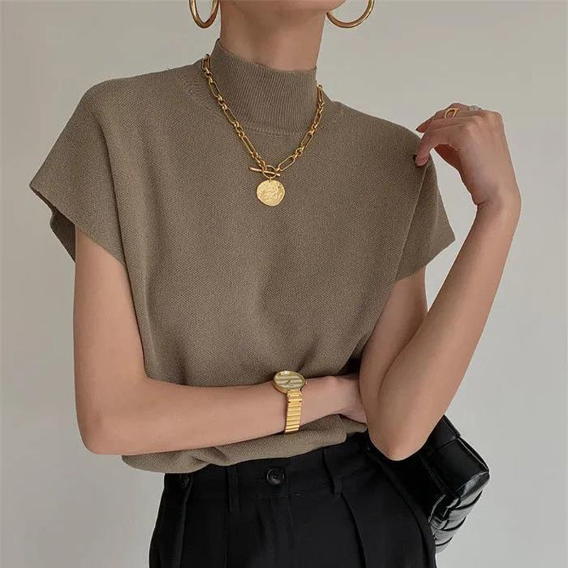 French Turtleneck Knitted Women Spring Summer Design Loose Short Sleeve Cropped Tops Female - MERGE.DAY.1.FREESTYLE