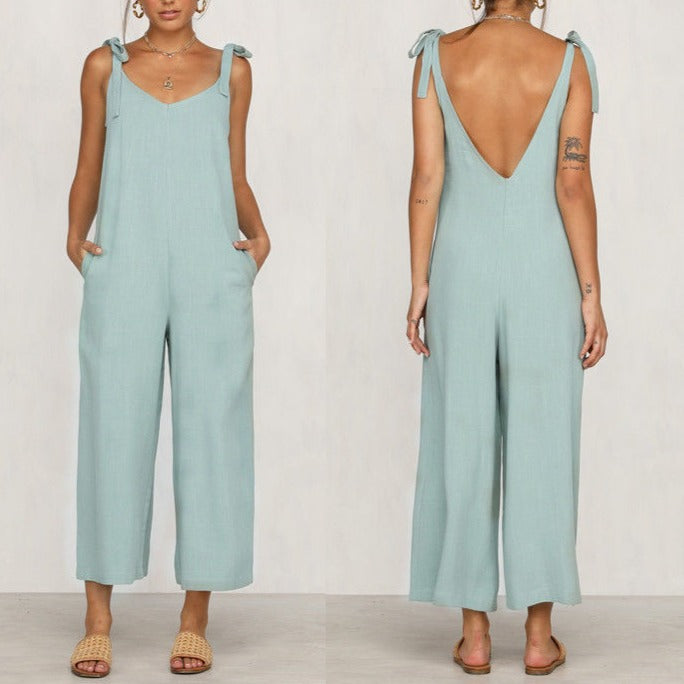 Women Sleeveless Rompers Loose Jumpsuit O Neck Casual Backless Overalls Trousers Wide Leg Pants - MERGE.DAY.1.FREESTYLE