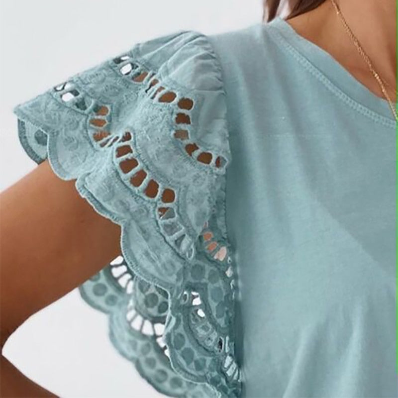 Women Hollow Out Stitching T-Shirt Casual O-Neck Ruffle Short Sleeve Top Elegant Clothing - MERGE.DAY.1.FREESTYLE