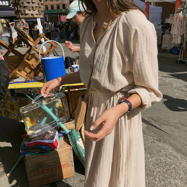 Long Shirt Dress Women Cotton Round Collar Slim Waist Drawstring Solid Color Sundress - MERGE.DAY.1.FREESTYLE