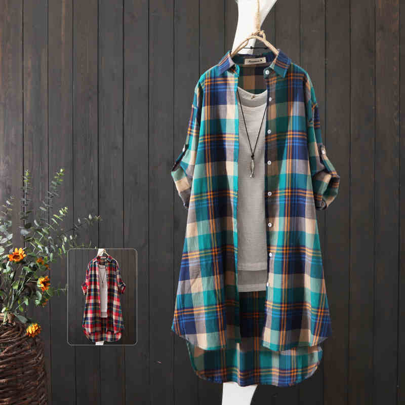 100% Cotton Plaid Shirt Long Sleeve Button Up Casua Loose Blouse Plus Size - MERGE.DAY.1.FREESTYLE