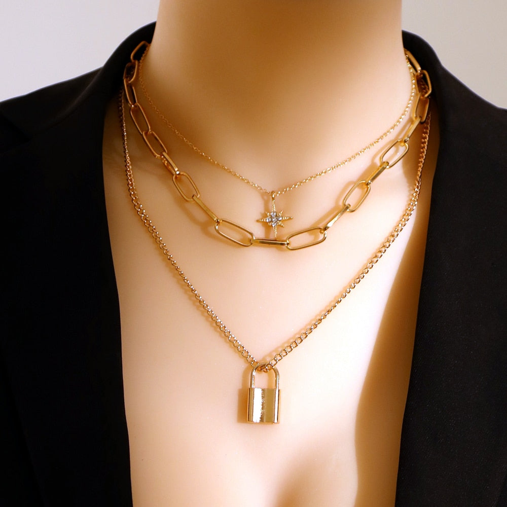Multi Layer Lock Portrait Pendants Necklaces For Women Gold Metal Key Heart Necklace - MERGE.DAY.1.FREESTYLE