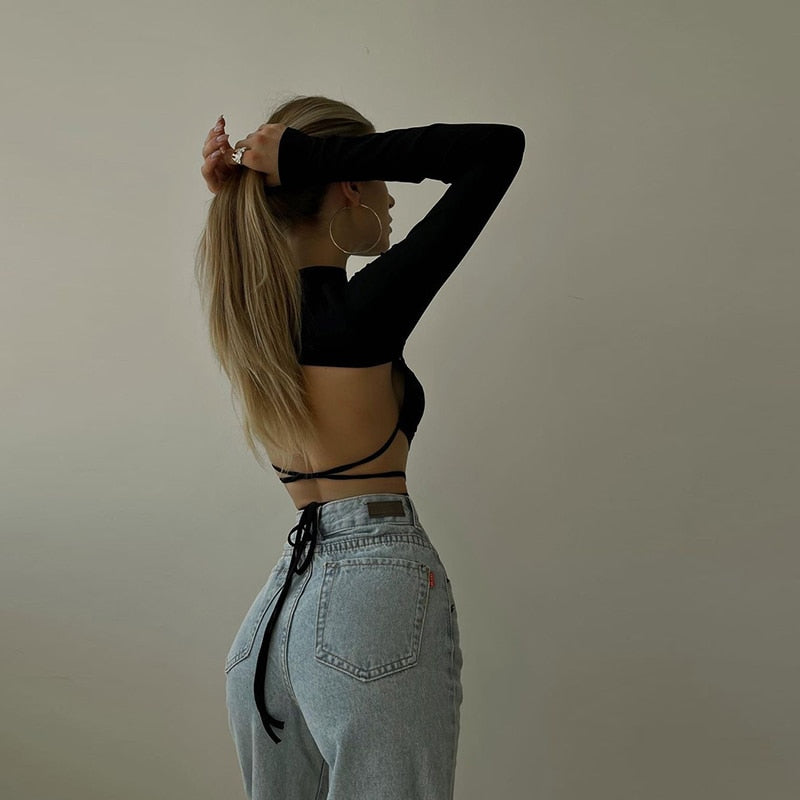 Leopard Zebra Printed Sexy Backless Lace ups Pullover Tees Women O-neck Slim Longsleeve Short T-Shirt - MERGE.DAY.1.FREESTYLE