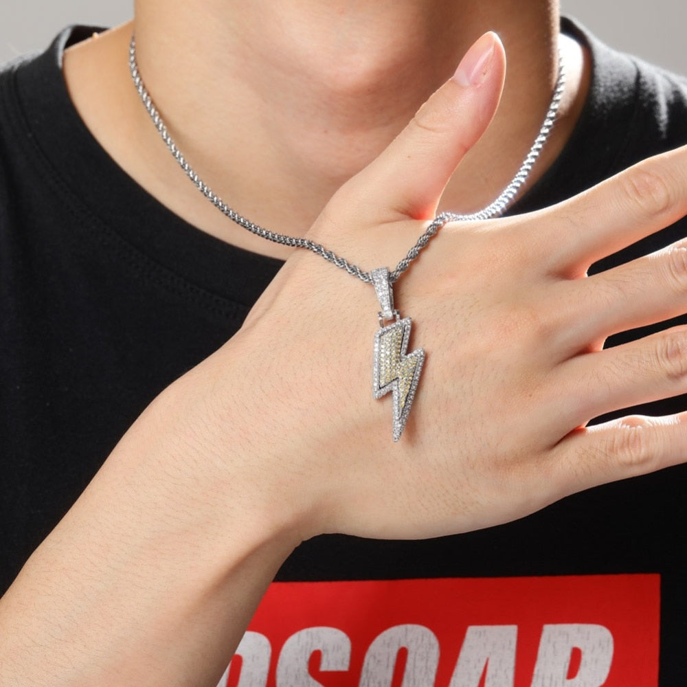 Iced Out Bling Lightning Pendants With Tennis Chain Copper Material Men's Hip Hop Jewelry Gift - MERGE.DAY.1.FREESTYLE