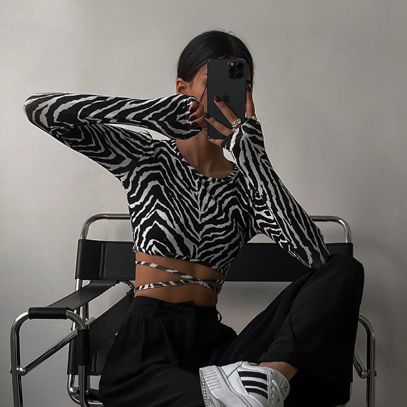 Leopard Zebra Printed Sexy Backless Lace ups Pullover Tees Women O-neck Slim Longsleeve Short T-Shirt - MERGE.DAY.1.FREESTYLE