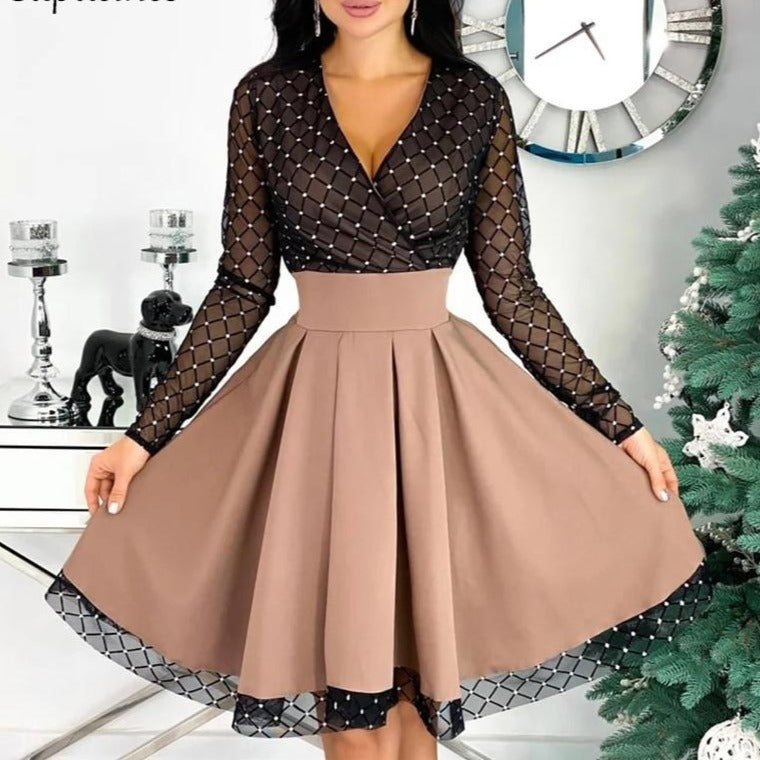 Shiny Sequin Diamond Mesh Stitching Dress Women Spring Autumn Sheer Long Sleeve Belted Slim A Line Dresses - MERGE.DAY.1.FREESTYLE