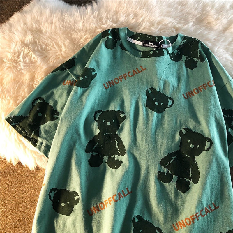 Summer Full Print Cartoon Bear Kawaii Short-Sleeved T-Shirt Loose Harajuku Casual - MERGE.DAY.1.FREESTYLE
