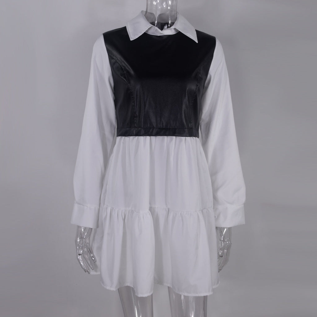 Long Sleeve Mini Shirt Dress For Women White 2022 Spring PU Leather Patchwork Plaid Dresses - MERGE.DAY.1.FREESTYLE