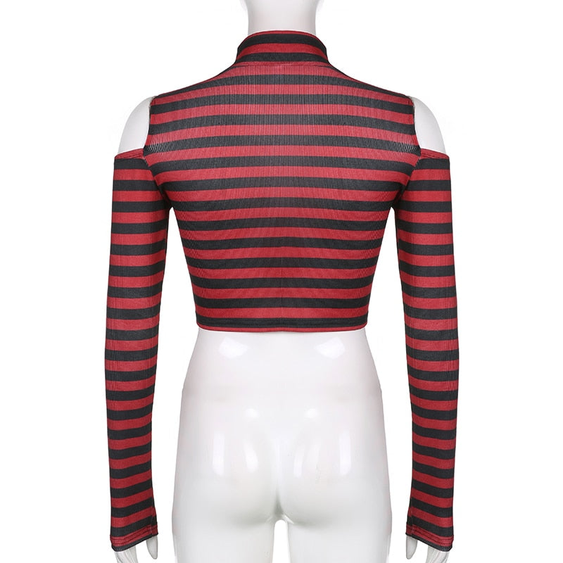 Goth Print Tops Stripe Cute T-Shirts Dark Academia Techwear Button Up V Neck Half Sleeve Sweat Shirts - MERGE.DAY.1.FREESTYLE
