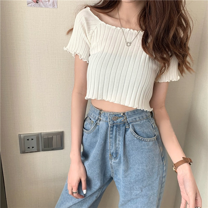 Women Off Shoulder T-shirts Knitted Ruffles Hem Crop Tops Short Sleeve T-shirts - MERGE.DAY.1.FREESTYLE