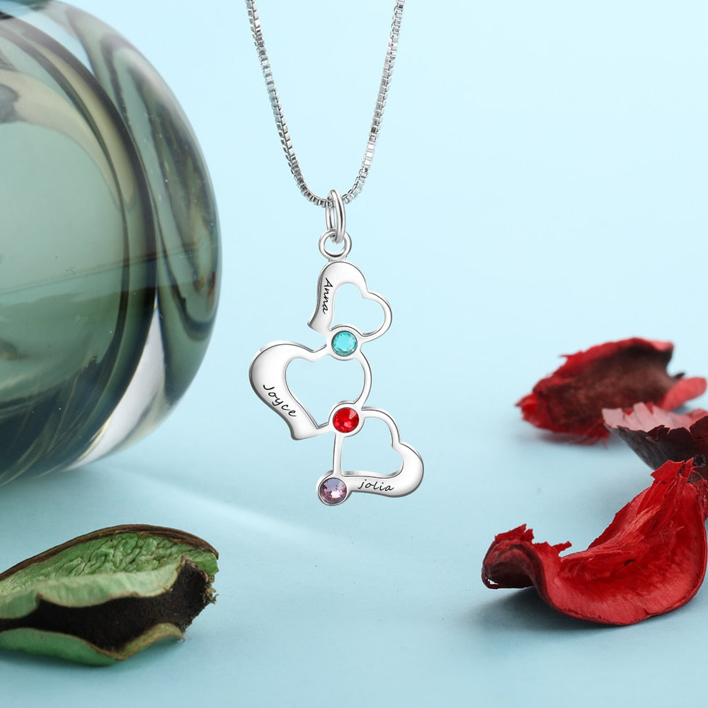 3 Heart Hollow Design Personalized Engrave Name Necklace Birthstone Pendants - MERGE.DAY.1.FREESTYLE