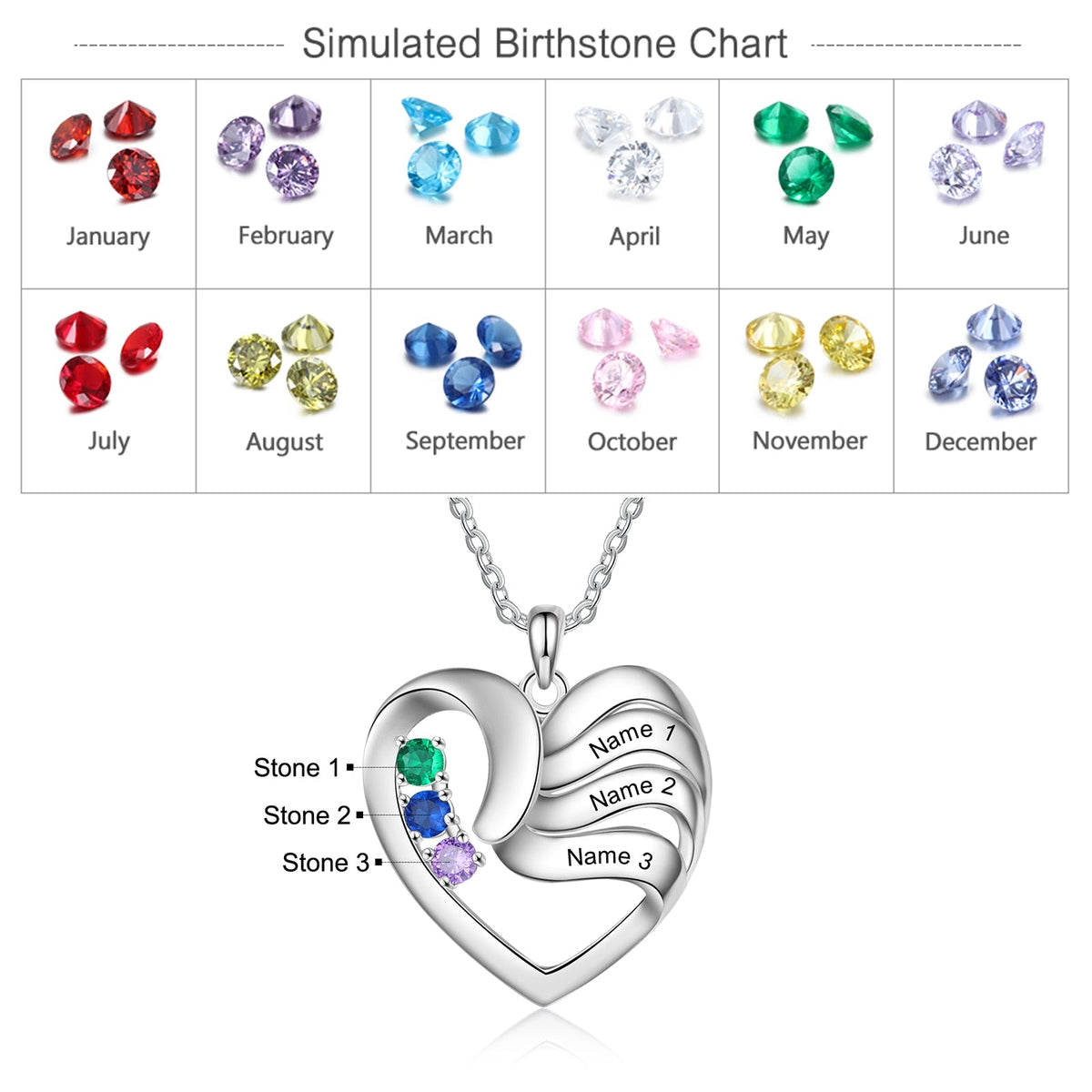 2-5 Names Customized Birthstone Fashion Memorial Heart Necklace - MERGE.DAY.1.FREESTYLE