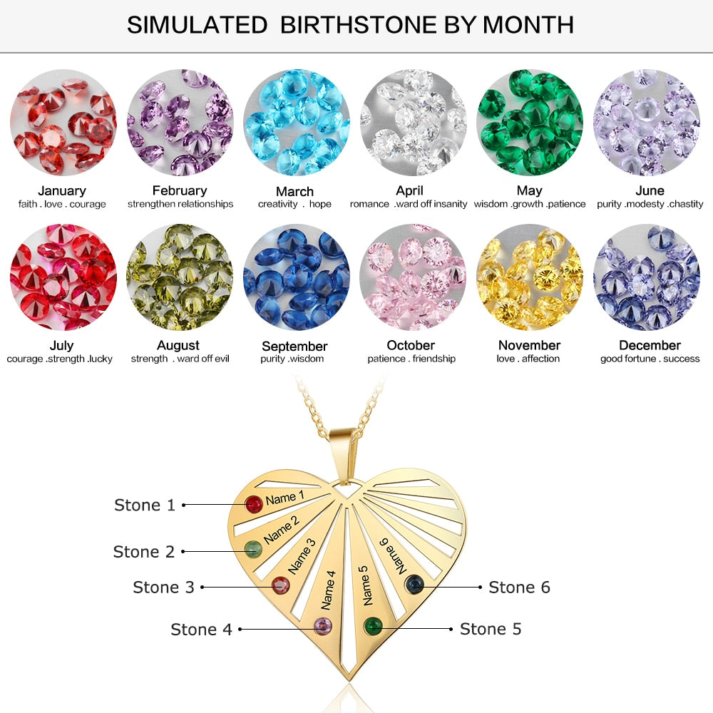 Personalized 6 Birthstones Necklaces for Women Custom Name Heart Stainless Steel Pendant - MERGE.DAY.1.FREESTYLE